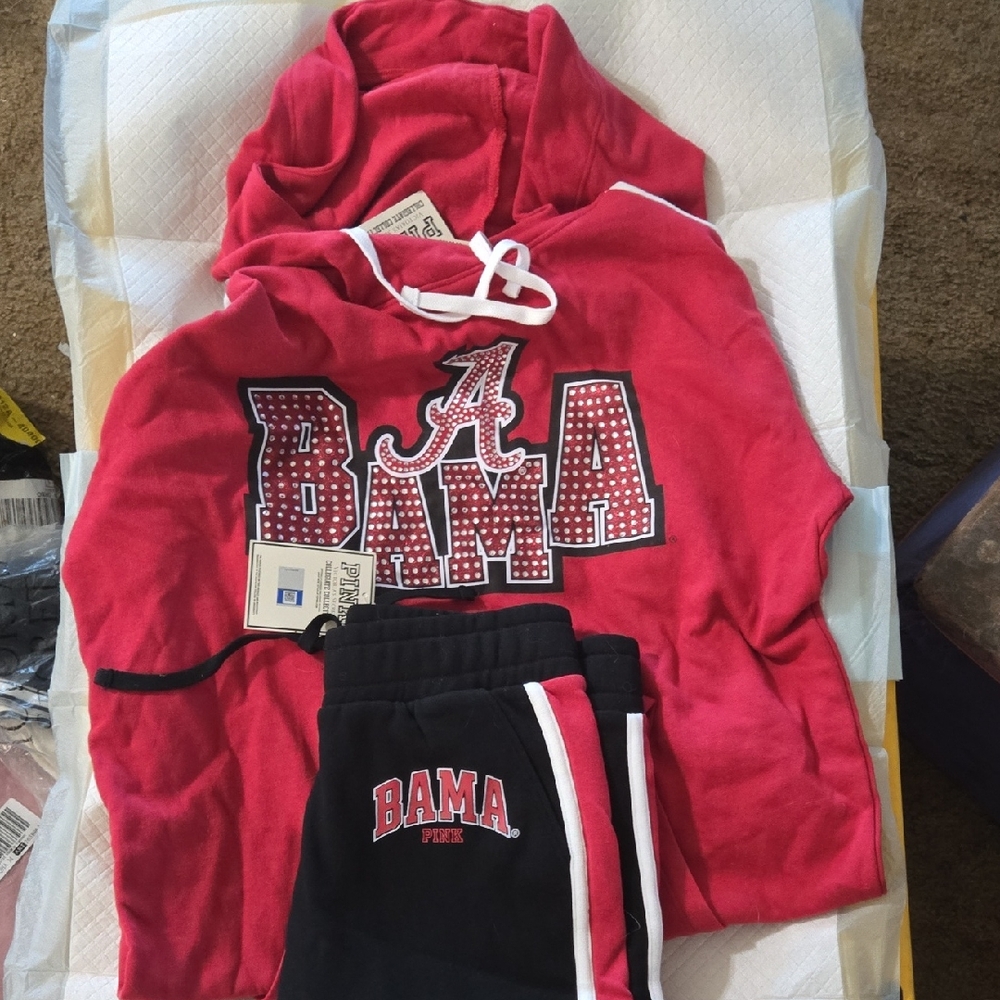 XS-PINK Victoria's Secret Red and Black ALABAMA Campus Hoodie Set-NWT